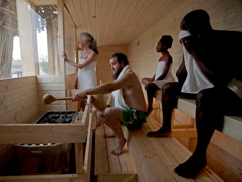 taking a sauna